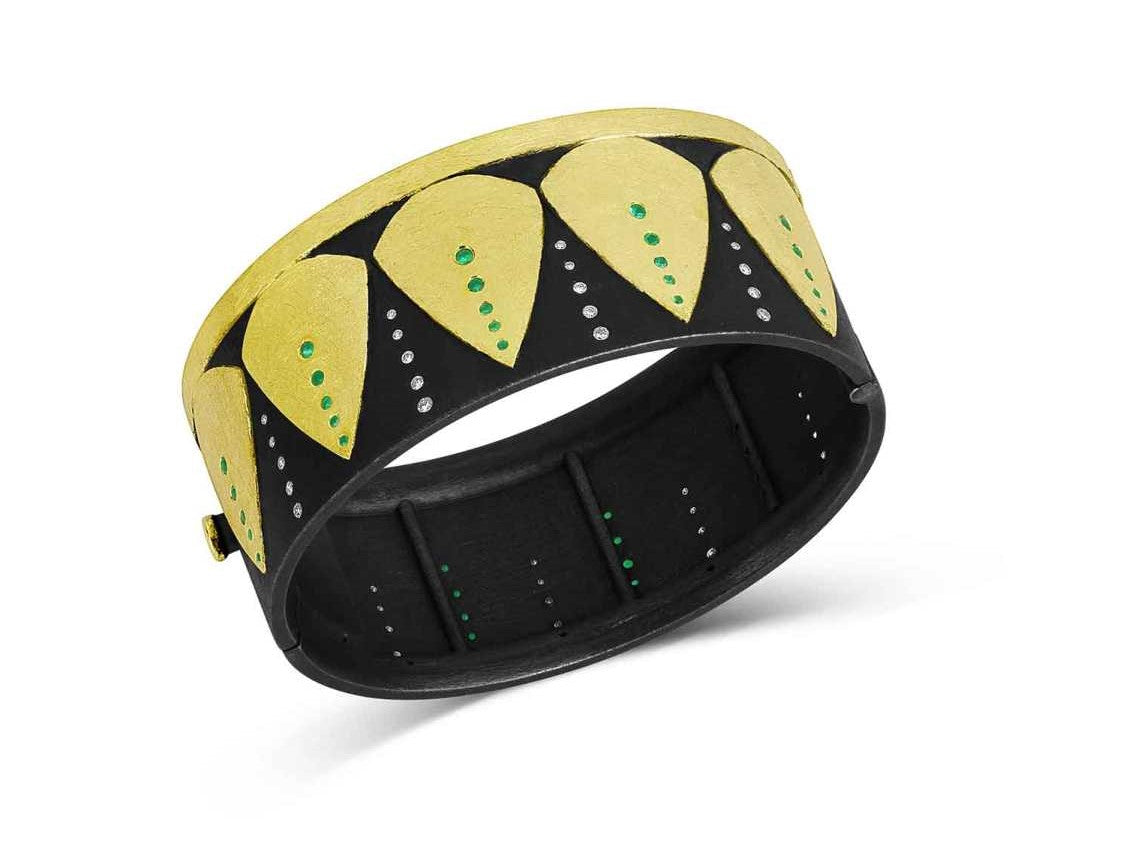 Shield Bangle Bracelet With Diamonds and Emeralds