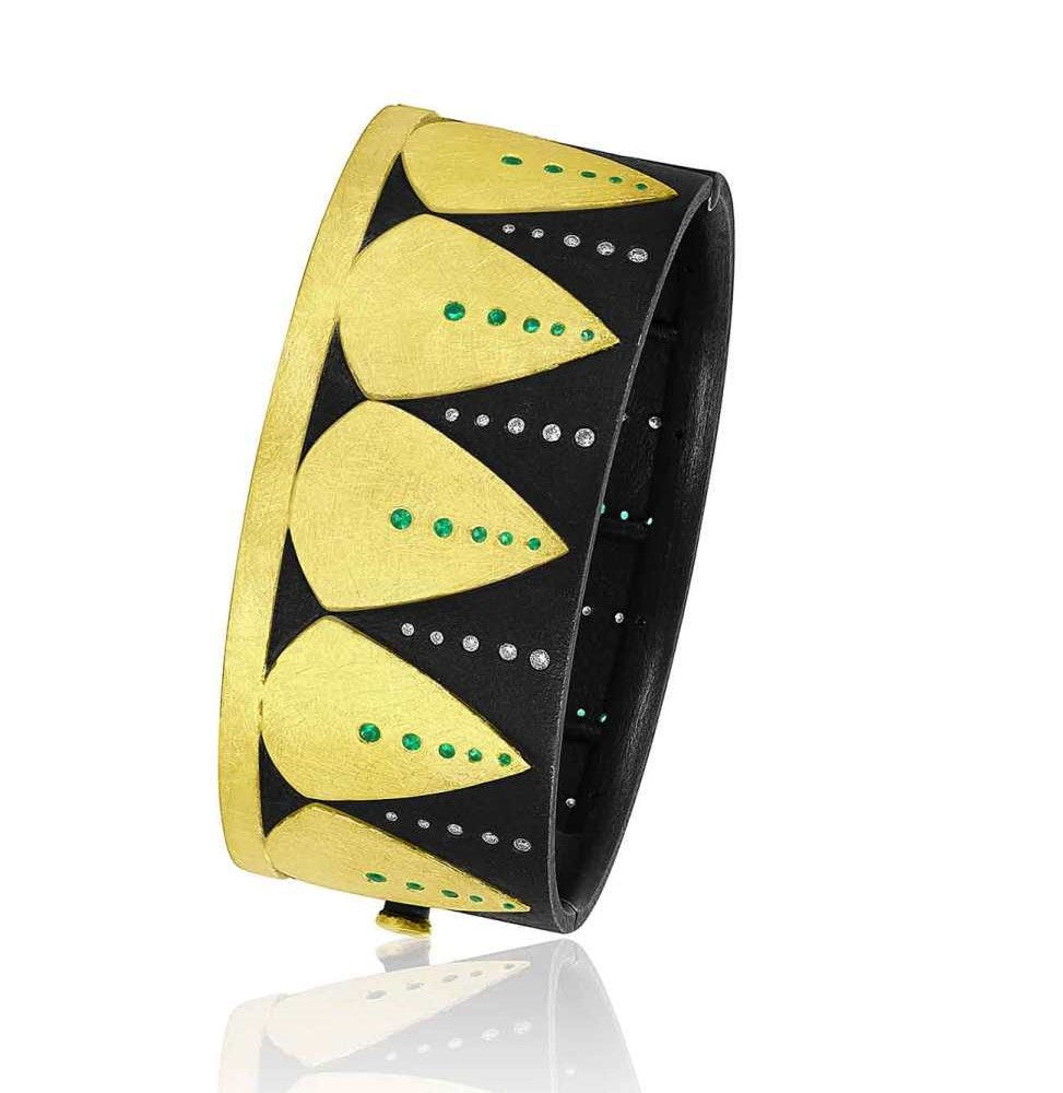 Shield Bangle Bracelet With Diamonds and Emeralds