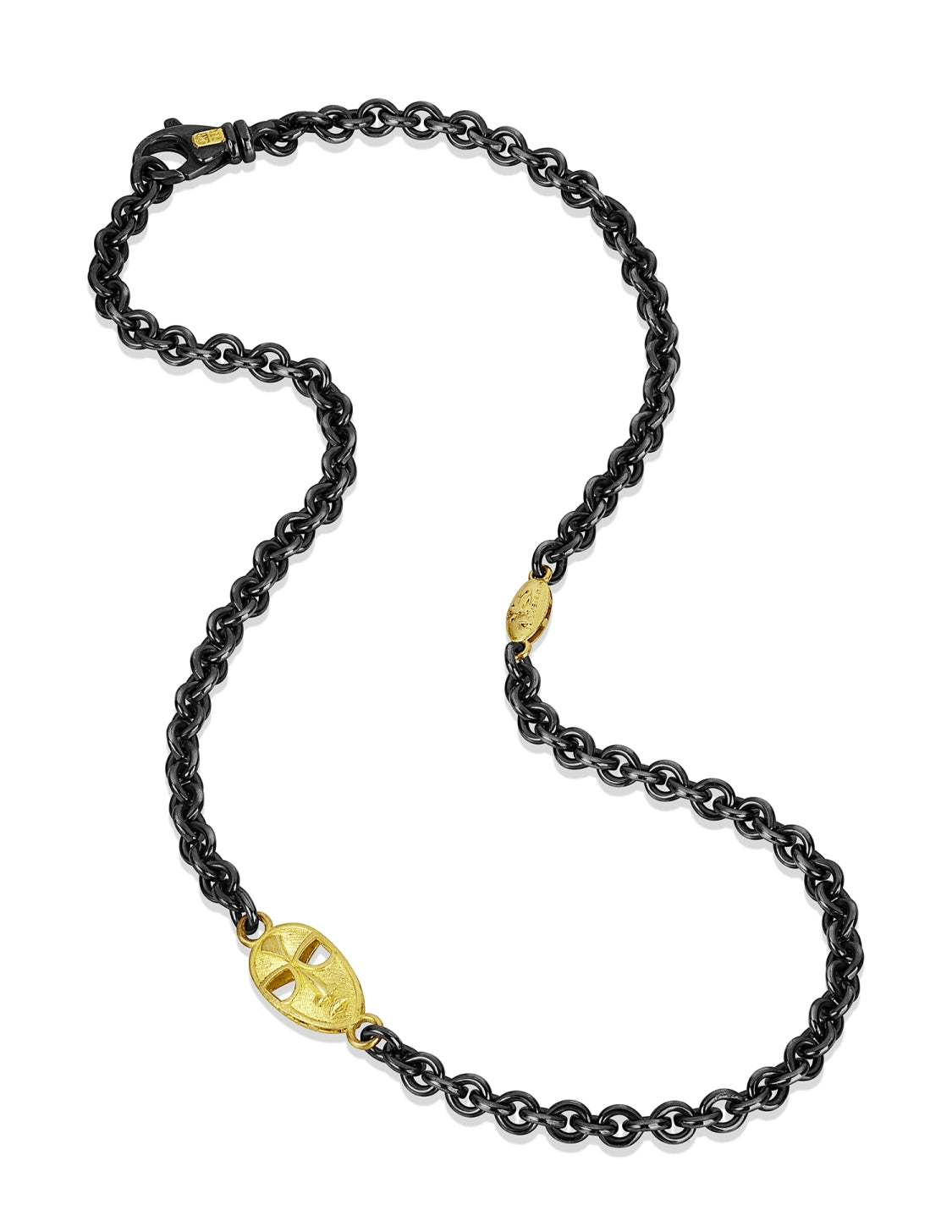 Gold & Patina Sterling Silver Necklace with Mask Link and Ruby