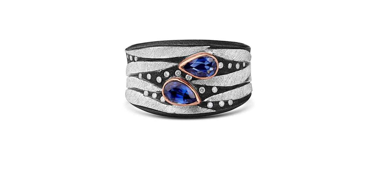 Platinum and Oxidized Silver Ring with Blue Sapphire