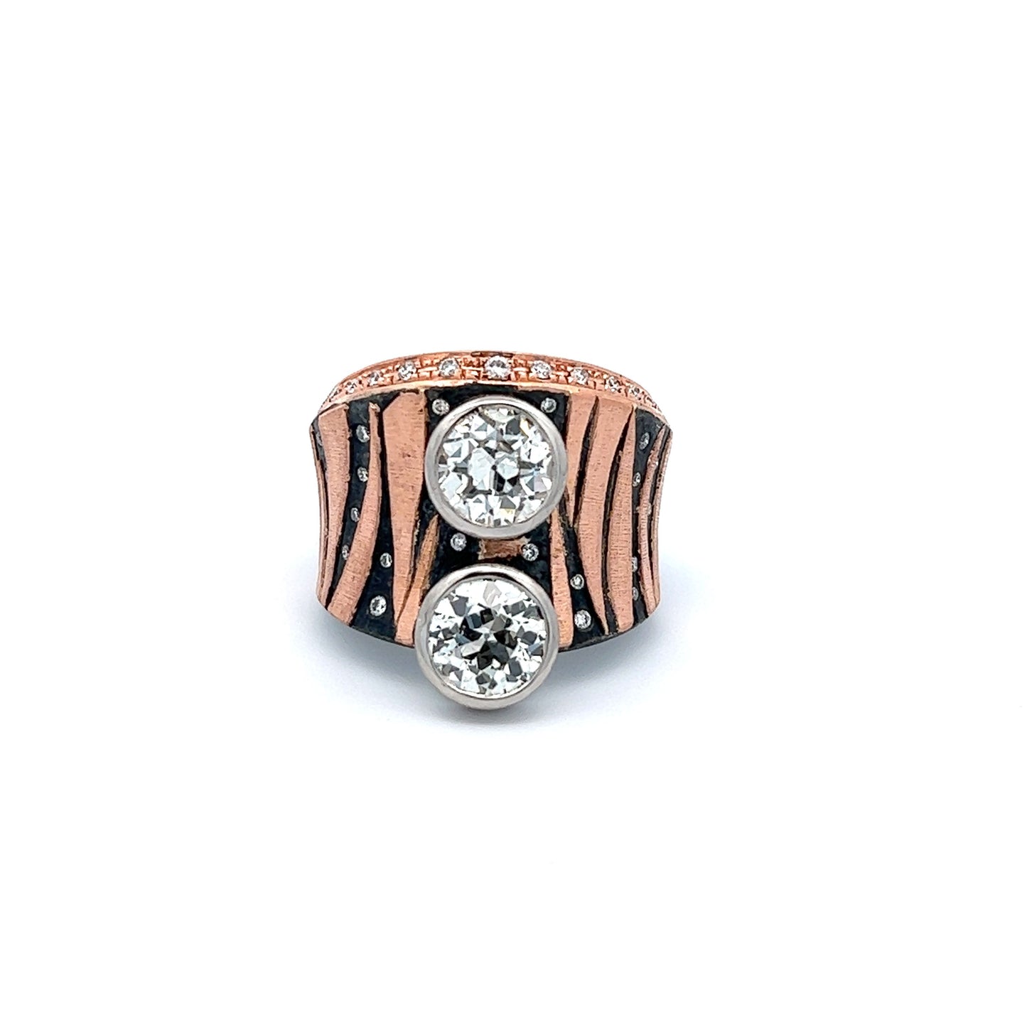 Rose Gold Stripes Cigar Ring Double Diamonds