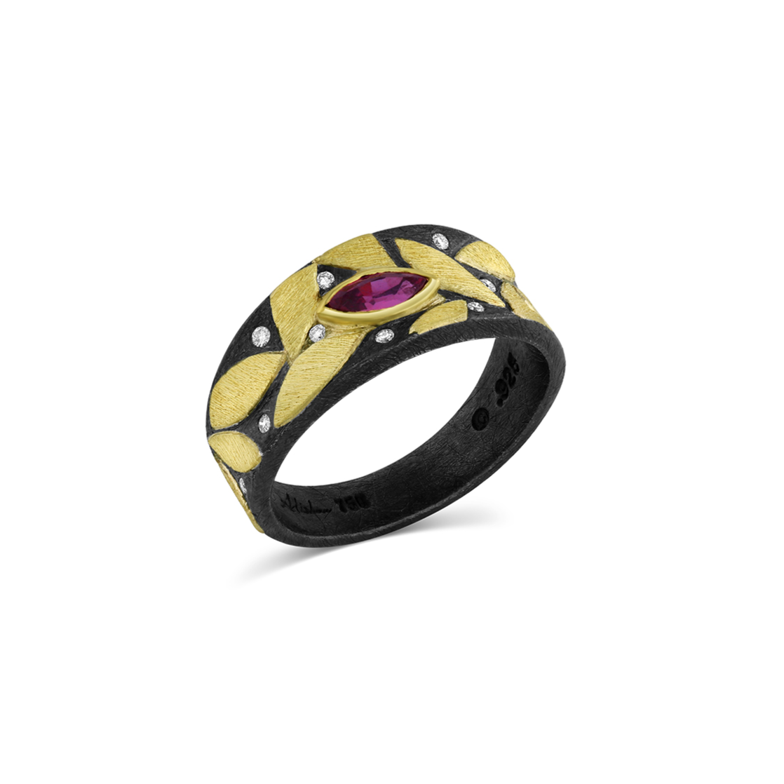 Yellow Gold Petals Cigar Ring with Single Marquise Ruby