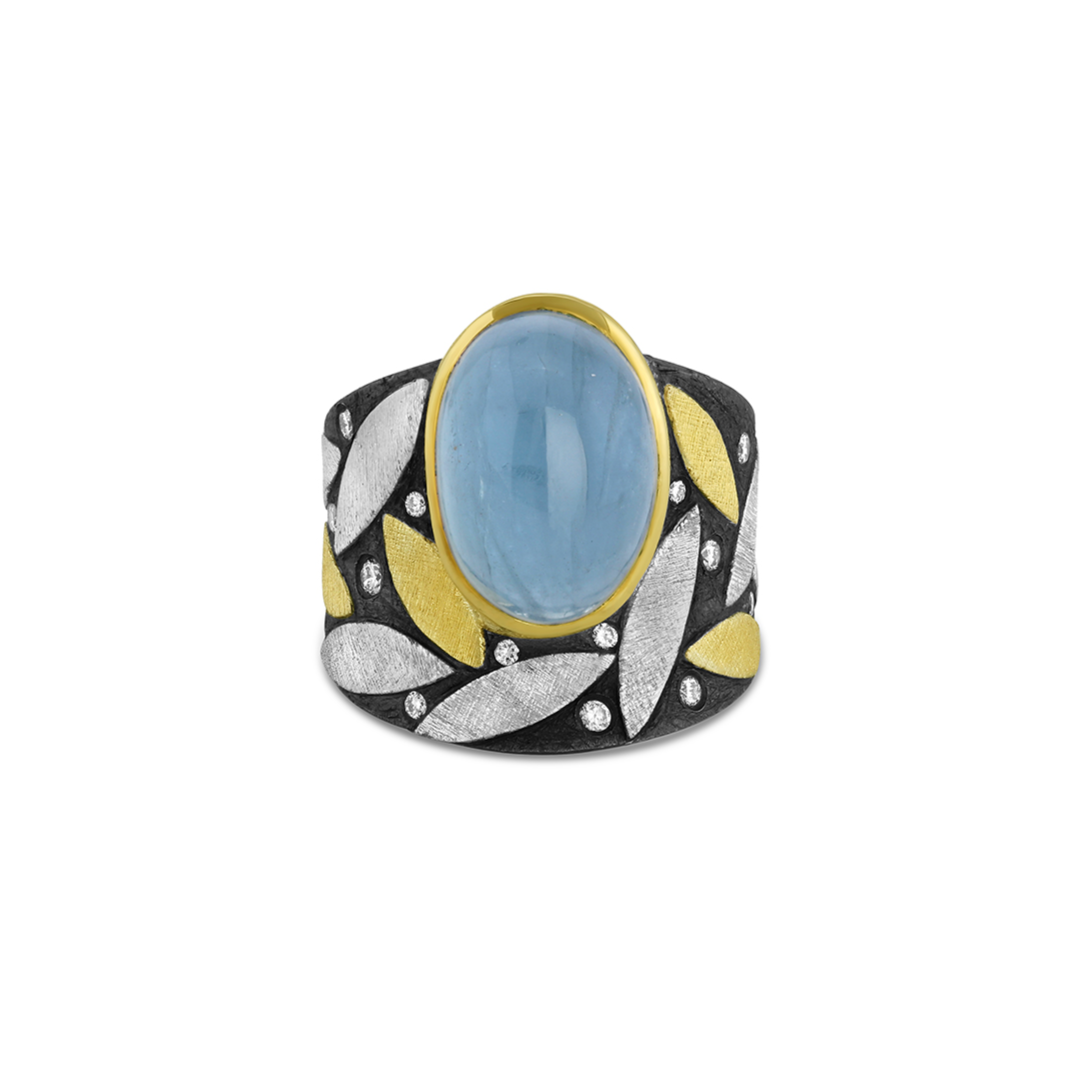 Platinum and Yellow Gold Petals Cigar Ring with Aquamarine