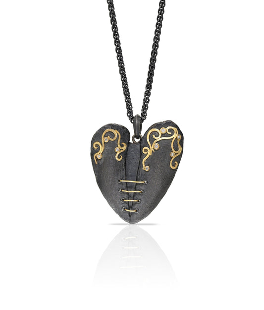 Alishan Mended Heart, oxidized silver with 18k gold and white diamonds