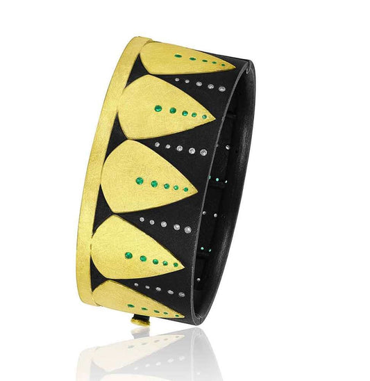 Shield Bangle Bracelet With Diamonds and Emeralds