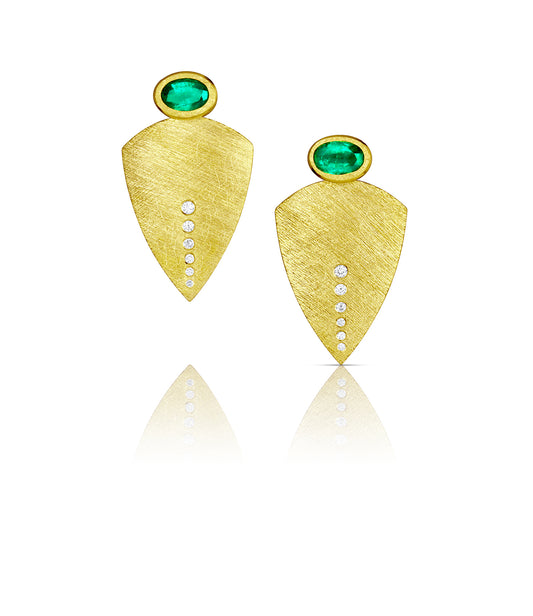 Shield Gold Earrings with Diamonds & Emeralds