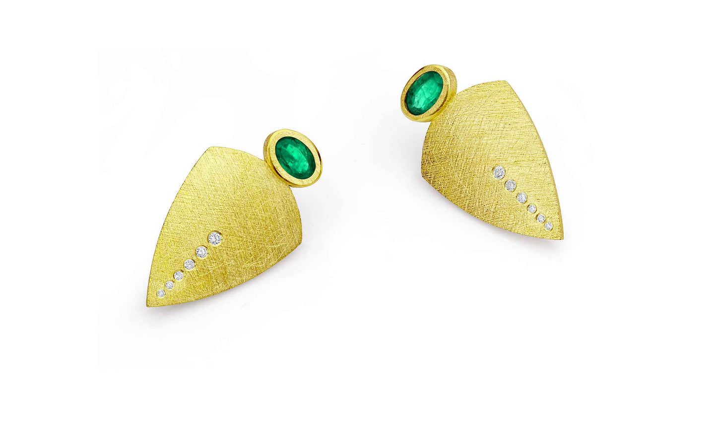 Shield Gold Earrings with Diamonds & Emeralds