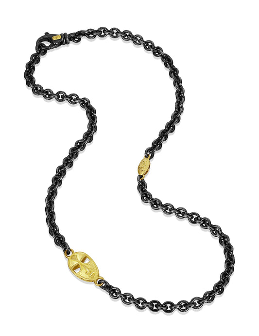 Gold & Patina Sterling Silver Necklace with Mask Link and Ruby