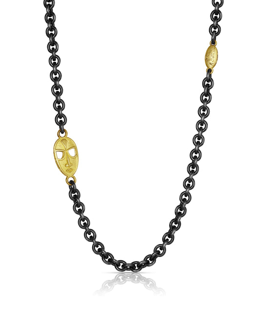 Gold & Patina Sterling Silver Necklace with Mask Link and Ruby