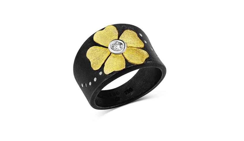 Gold Flower & Patina Sterling Silver Ring with Diamonds