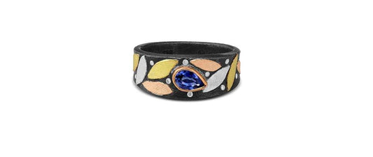 Petal Platinum, Yellow & Rose Gold and Oxidized Silver Band with Blue Sapphire