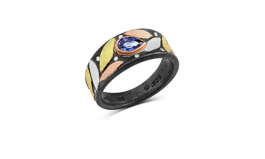 Petal Platinum, Yellow & Rose Gold and Oxidized Silver Band with Blue Sapphire