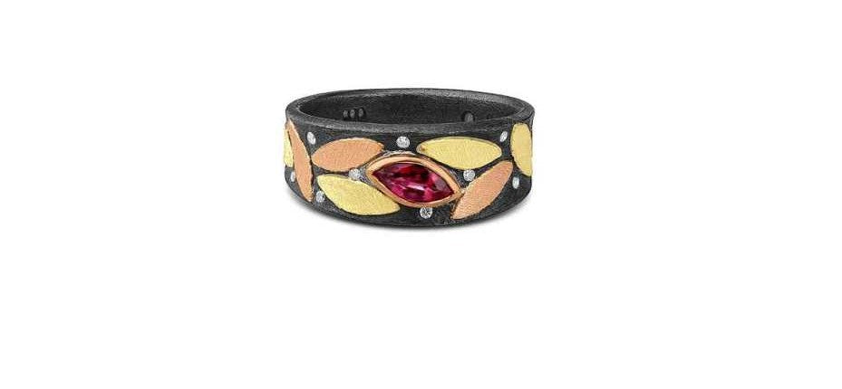 Petal Yellow & Rose and Oxidized Silver Band with Ruby