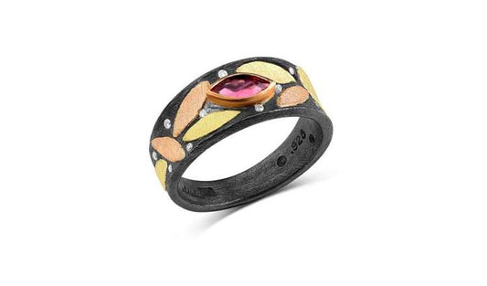 Petal Yellow & Rose and Oxidized Silver Band with Ruby