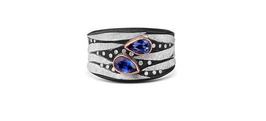 Platinum and Oxidized Silver Ring with Blue Sapphire