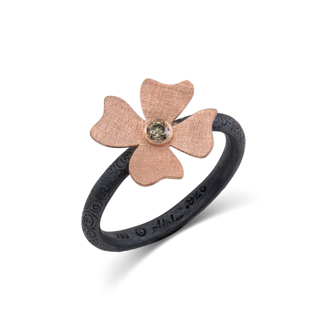 Four Petal Single Flower Ring in Rose Gold and Silver