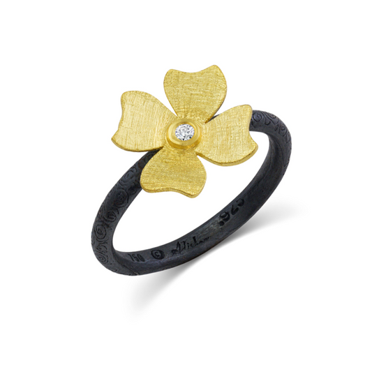 Four Petal Single Flower Ring in Yellow Gold and Silver