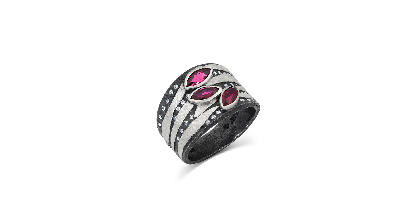 Platinum Silver 3 Marquise Ruby Stripe Ring