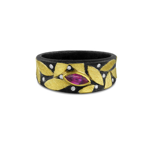 Yellow Gold Petals Cigar Ring with Single Marquise Ruby