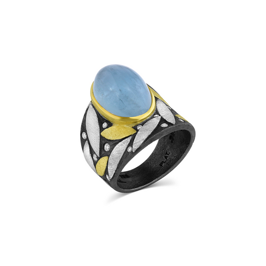 Platinum and Yellow Gold Petals Cigar Ring with Aquamarine